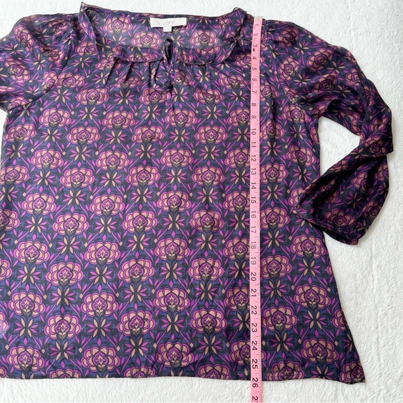 LOFT | Purple/Multicolor Floral Ruffle Collar Long Sleeve Semi-Sheer Blouse NWT - Picture 12 of 12